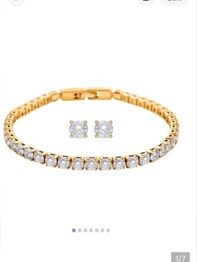 🆕️ Simulated Diamond Tennis Bracelet (7.00 In) & Stud Earrings in Goldtone